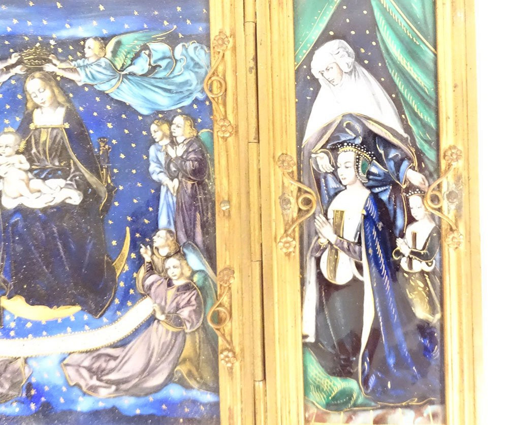 Triptyque émaux Limoges Assomption Vierge Marie anges St Pierre roi XIXème-photo-3