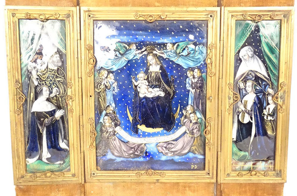 Triptyque émaux Limoges Assomption Vierge Marie anges St Pierre roi XIXème-photo-3