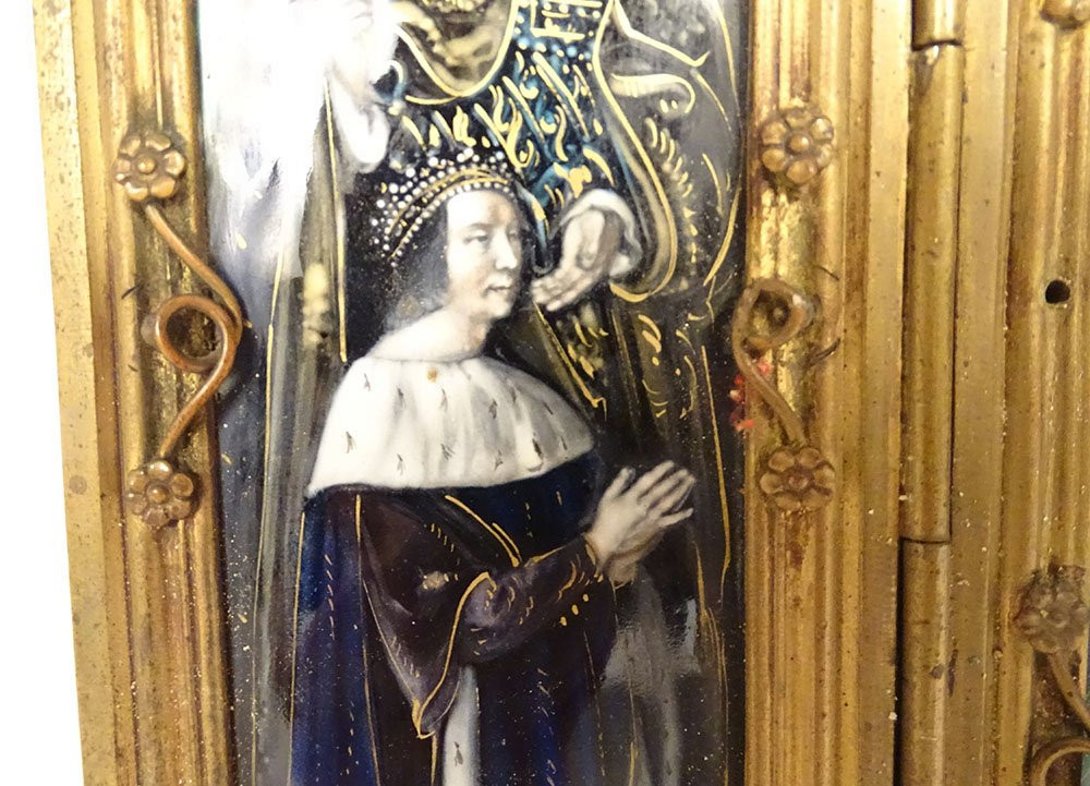 Triptyque émaux Limoges Assomption Vierge Marie anges St Pierre roi XIXème-photo-4