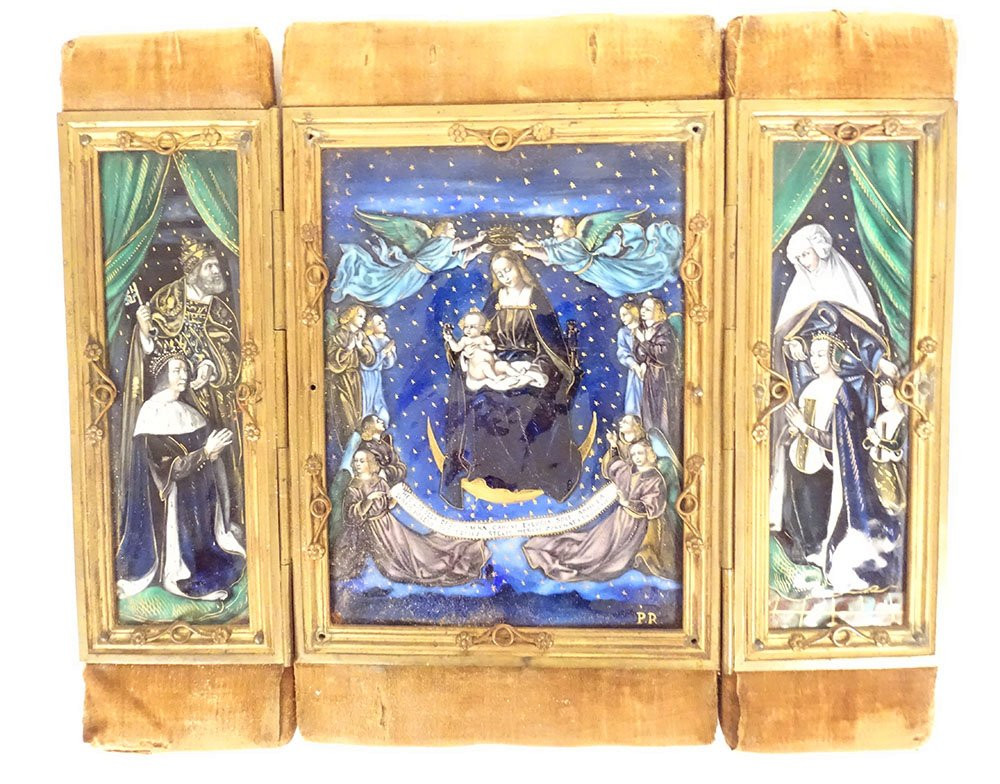 Triptyque émaux Limoges Assomption Vierge Marie anges St Pierre roi XIXème-photo-7