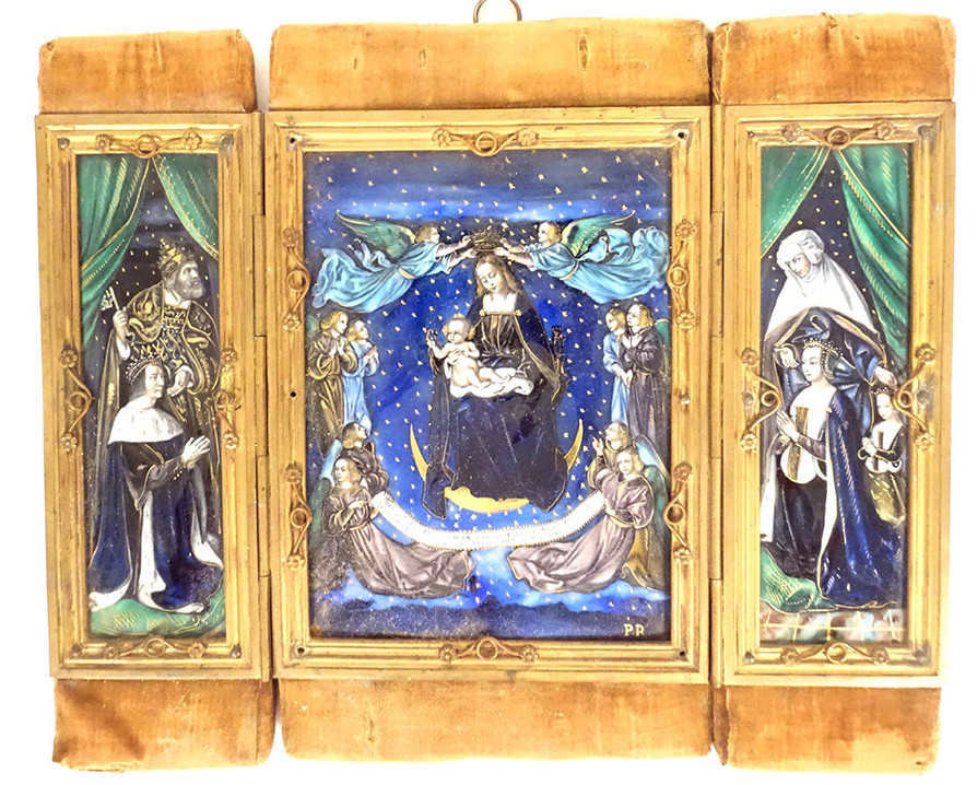 Triptyque émaux Limoges Assomption Vierge Marie anges St Pierre roi XIXème
