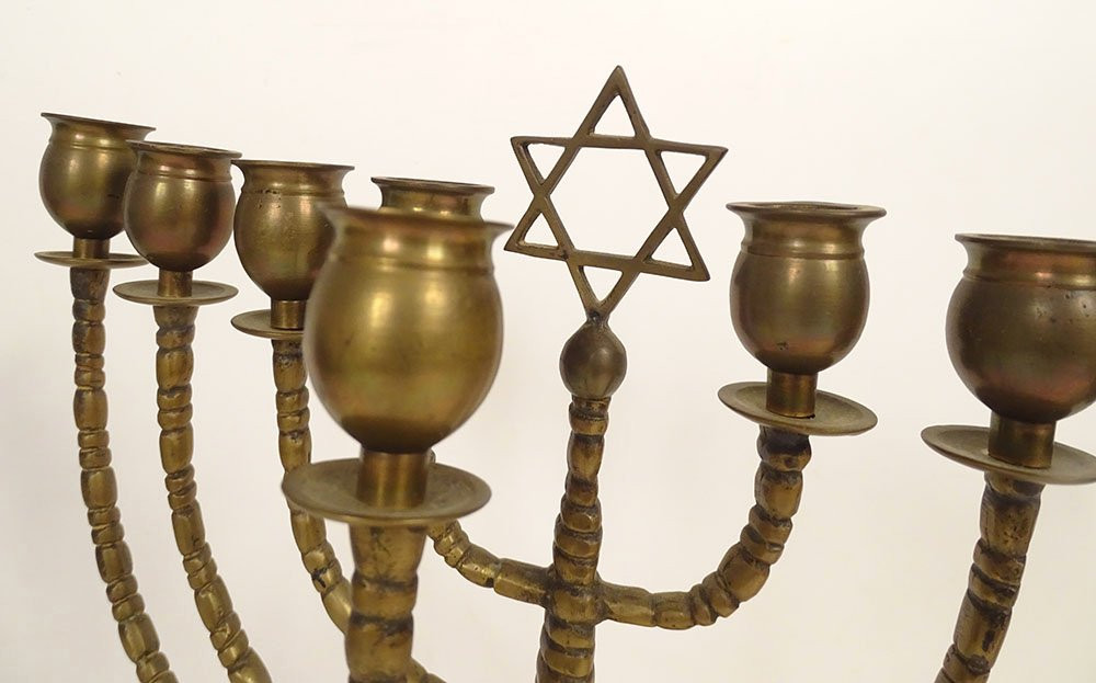 Chandelier juif judaïque bronze 9 branches Hanoukkia Menorah Etoile XIXème-photo-3