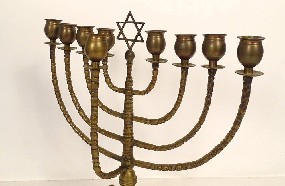 Chandelier juif judaïque bronze 9 branches Hanoukkia Menorah Etoile XIXème-photo-4