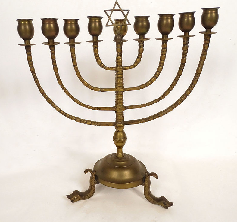 Chandelier juif judaïque bronze 9 branches Hanoukkia Menorah Etoile XIXème