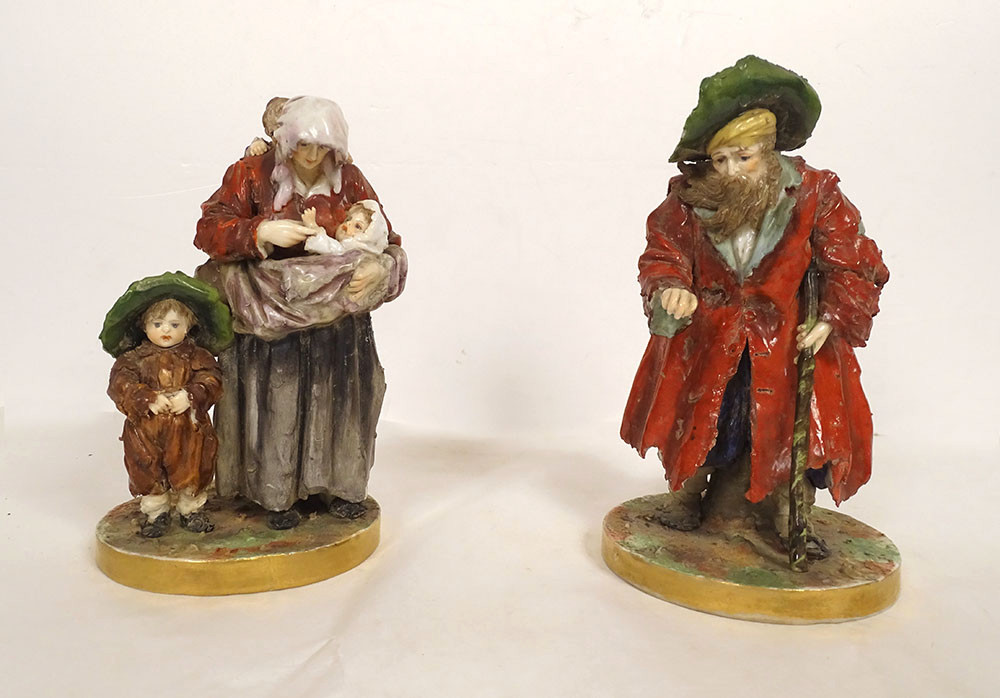 2 German Porcelain Sculptures Eckert & Cie Beggar Woman Children 19th Century
