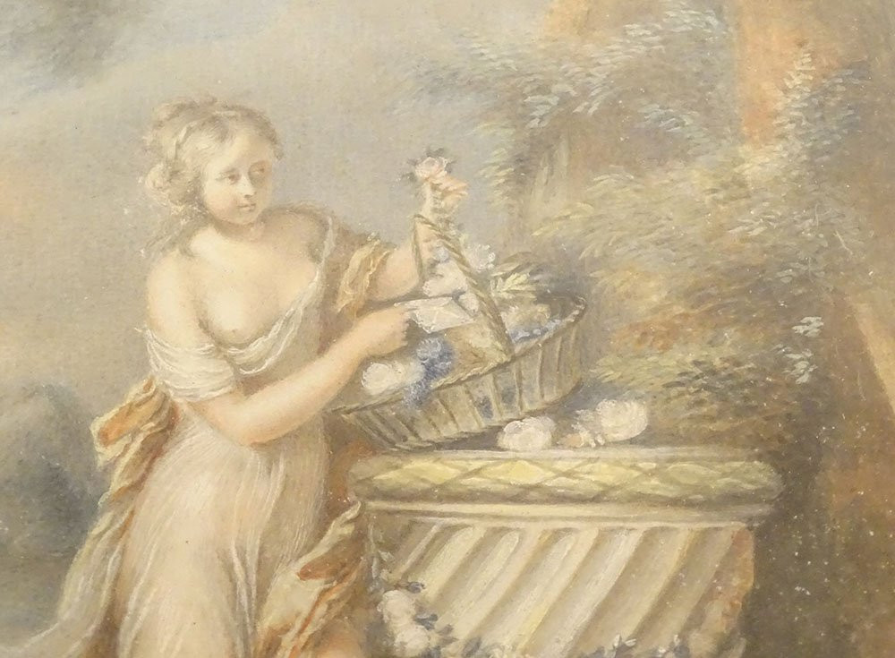 Paire gouaches femmes antiques Allégorie fleurs paysage fecit Caroline XIXè-photo-3