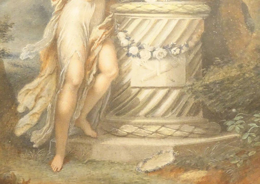 Paire gouaches femmes antiques Allégorie fleurs paysage fecit Caroline XIXè-photo-4