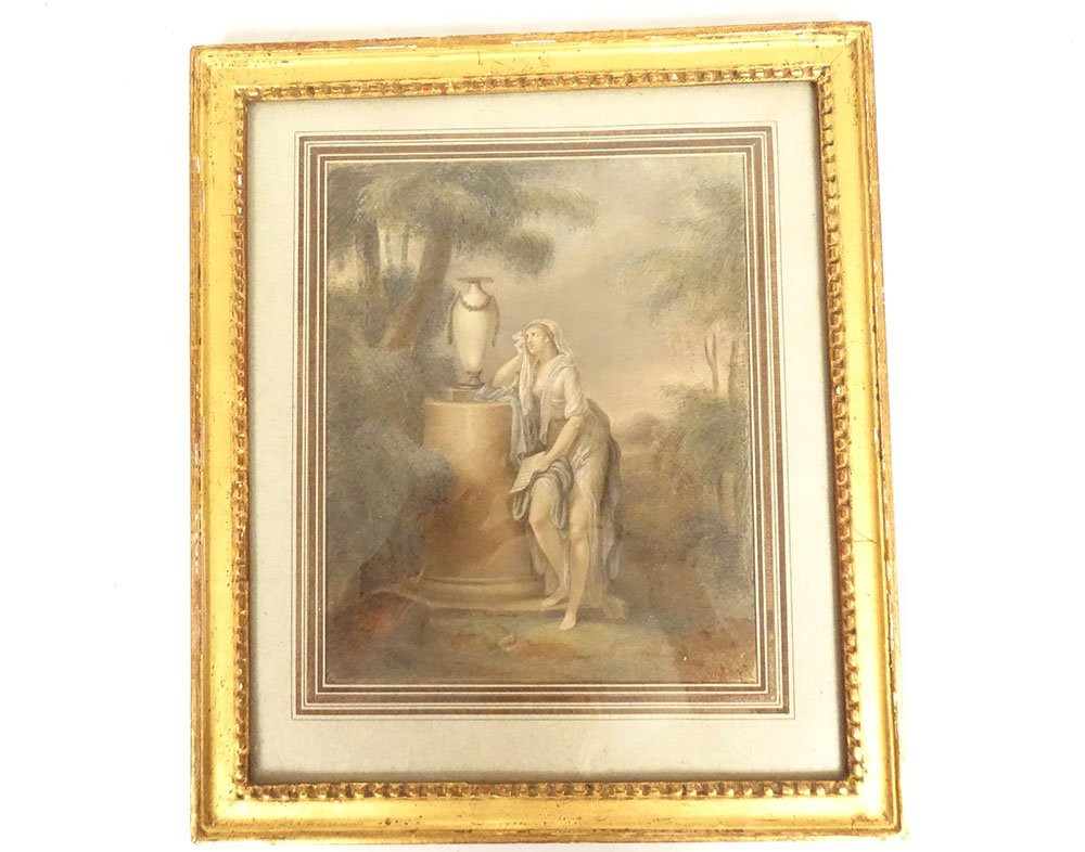 Paire gouaches femmes antiques Allégorie fleurs paysage fecit Caroline XIXè-photo-2