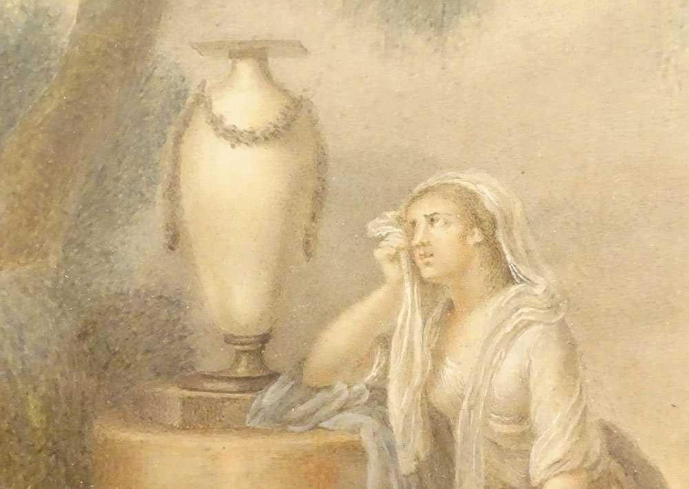 Paire gouaches femmes antiques Allégorie fleurs paysage fecit Caroline XIXè-photo-4