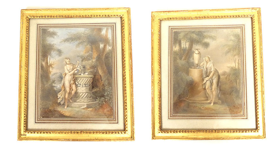 Paire gouaches femmes antiques Allégorie fleurs paysage fecit Caroline XIXè