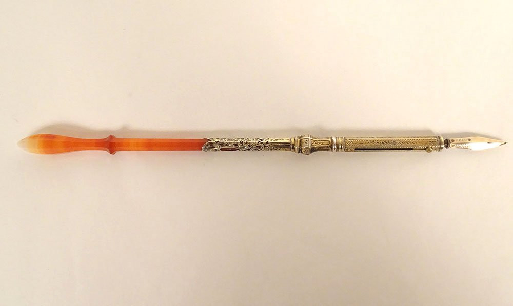 Silver Gilt Agate Pen Holder Signed Mallat, Patented 19th Century-photo-2