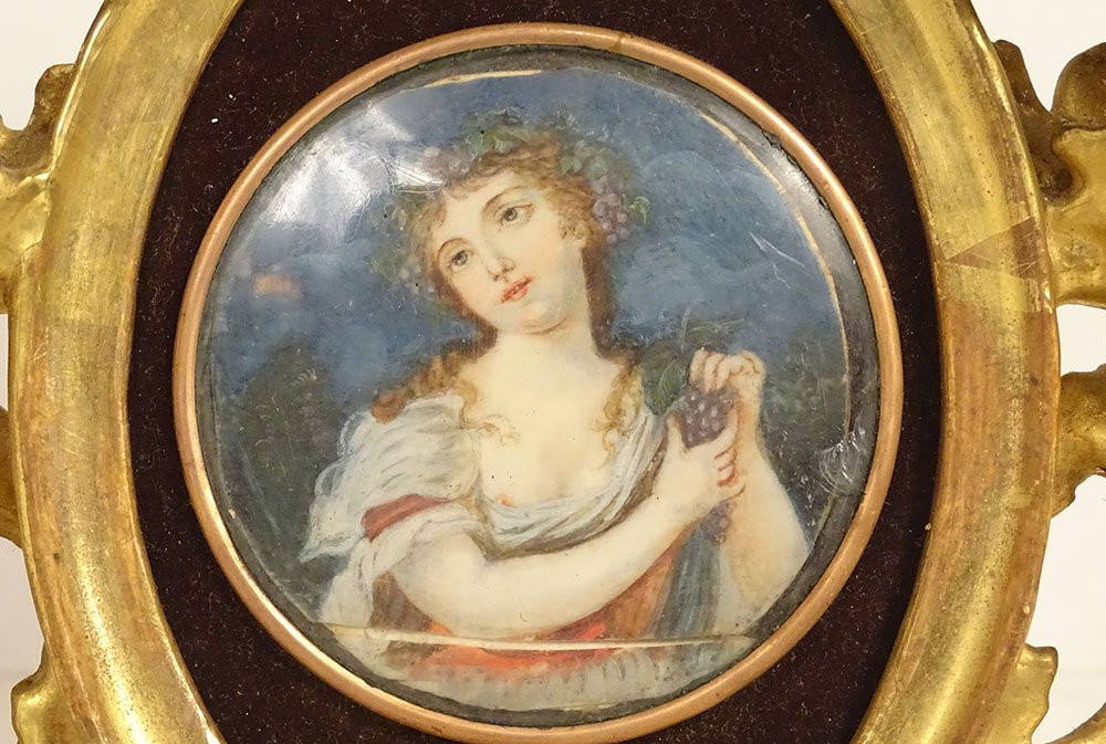 Painted Miniature Portrait Of A Young Woman With Grapes, Italian Frame, Gilded Wood, 19th Century-photo-4