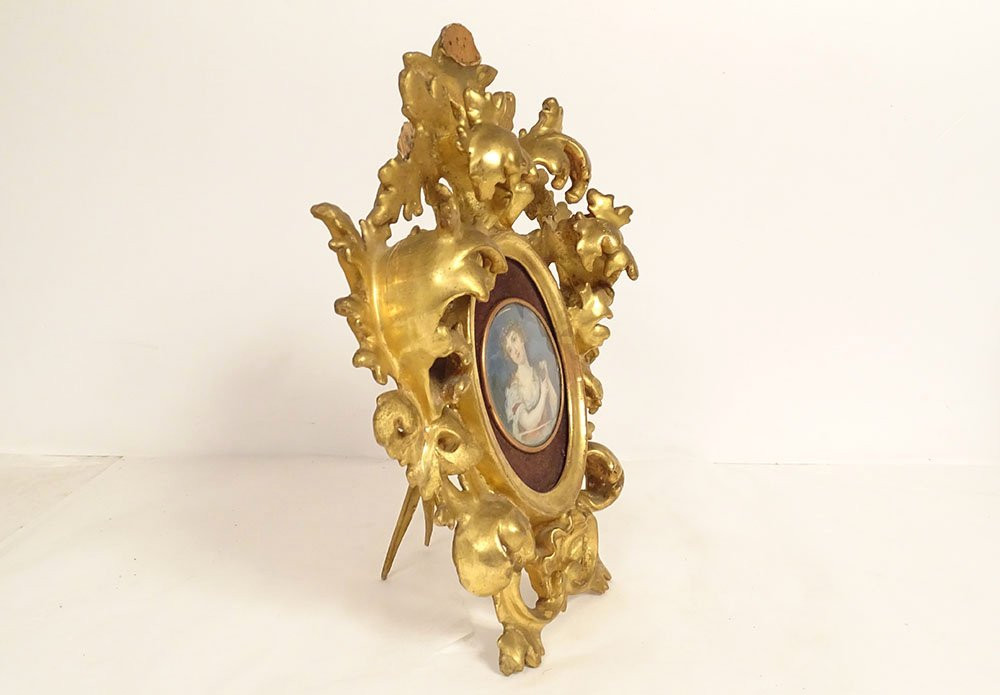 Painted Miniature Portrait Of A Young Woman With Grapes, Italian Frame, Gilded Wood, 19th Century-photo-3