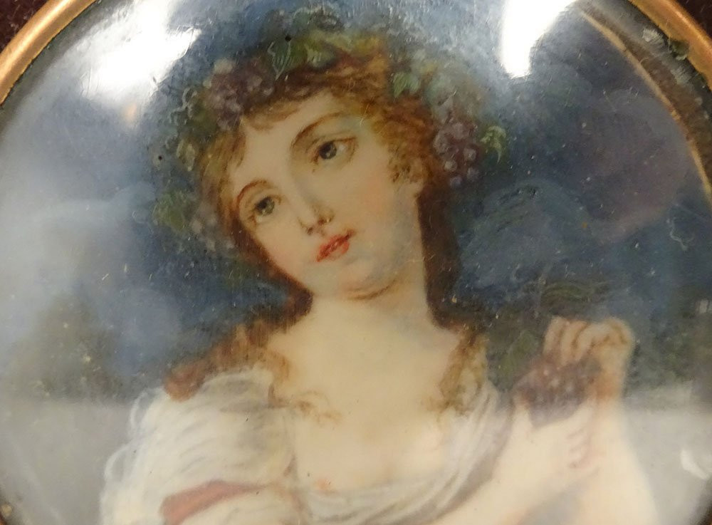 Painted Miniature Portrait Of A Young Woman With Grapes, Italian Frame, Gilded Wood, 19th Century-photo-6