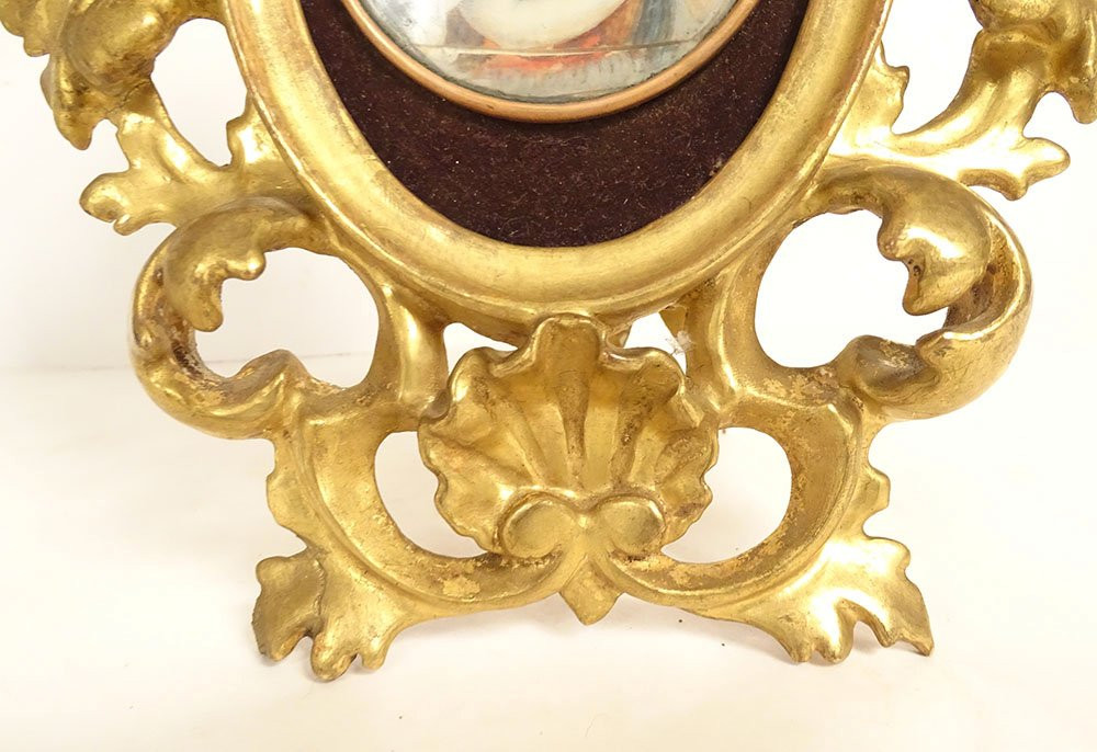 Painted Miniature Portrait Of A Young Woman With Grapes, Italian Frame, Gilded Wood, 19th Century-photo-7