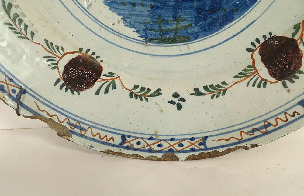 Polychrome Delft Earthenware Dish With Orange Pagoda Decoration, Netherlands, 18th Century-photo-4