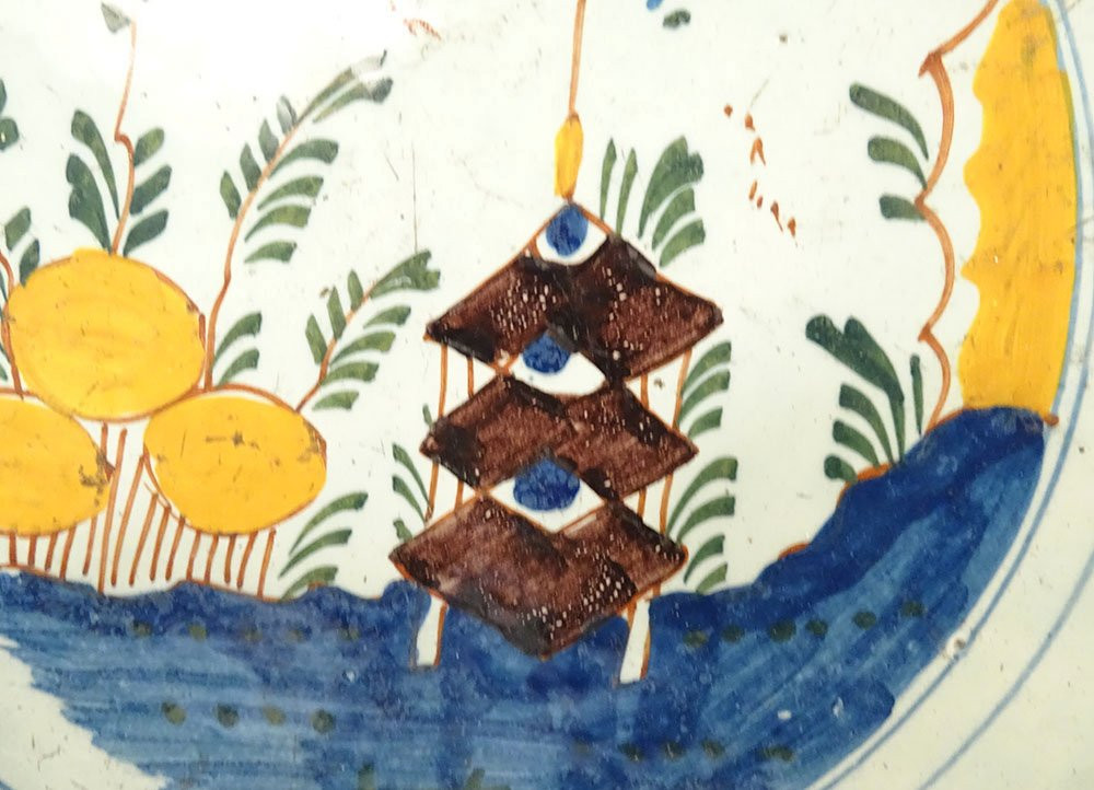 Polychrome Delft Earthenware Dish With Orange Pagoda Decoration, Netherlands, 18th Century-photo-3