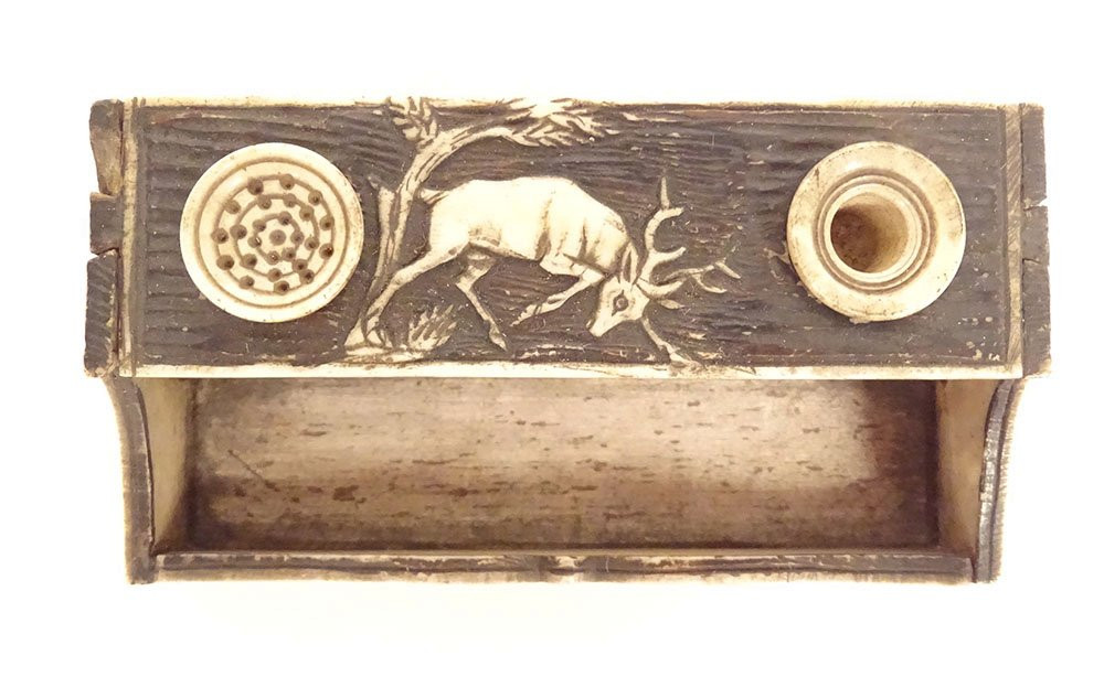 Small Miniature Inkwell Carved Bone Doe Deer Dog Fox Brussels 19th Century-photo-2