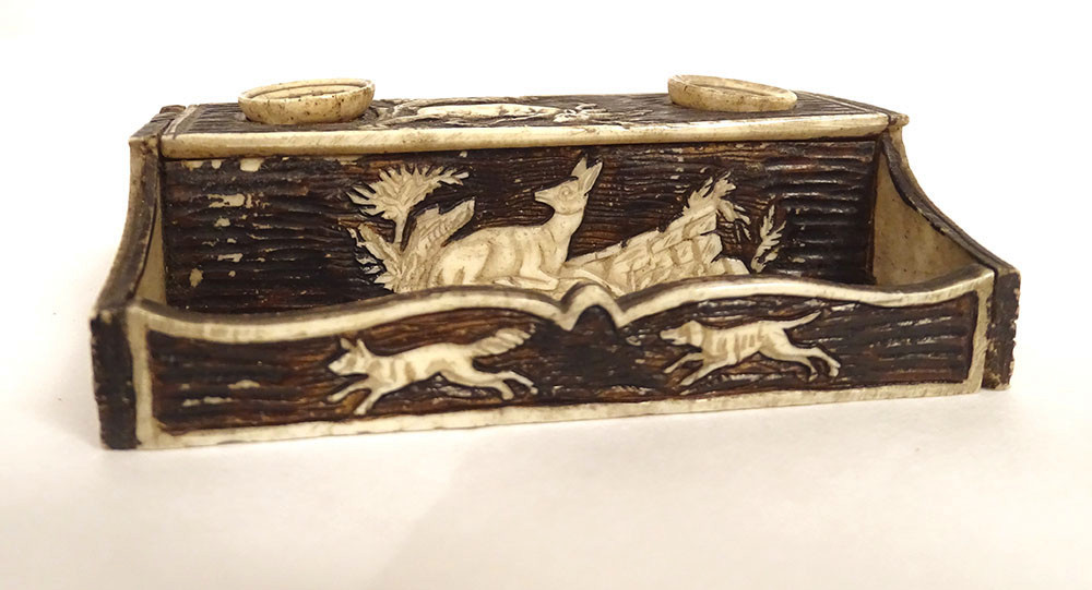 Small Miniature Inkwell Carved Bone Doe Deer Dog Fox Brussels 19th Century