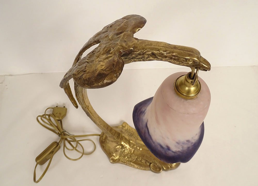 Gilded Bronze Lamp Eagle Charles Ranc Tulip Glass Paste Art Deco 20th Century-photo-2