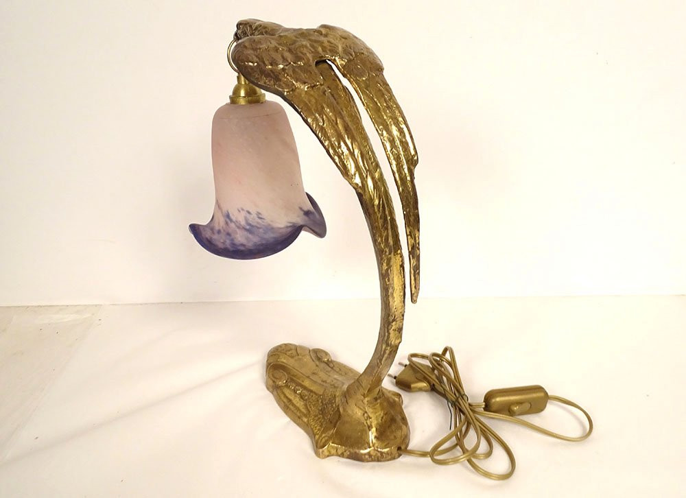 Gilded Bronze Lamp Eagle Charles Ranc Tulip Glass Paste Art Deco 20th Century-photo-6