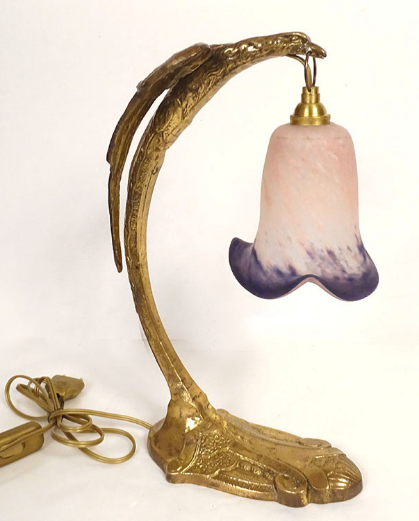 Gilded Bronze Lamp Eagle Charles Ranc Tulip Glass Paste Art Deco 20th Century