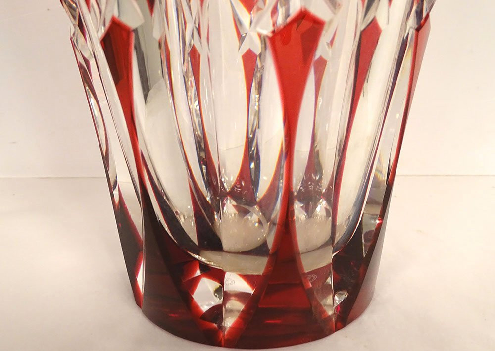 Saint-louis Deauville Red Cut Crystal Vase With Crosspieces, 20th Century-photo-1
