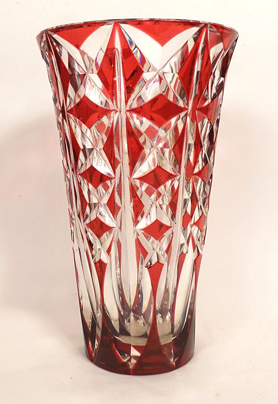 Saint-louis Deauville Red Cut Crystal Vase With Crosspieces, 20th Century