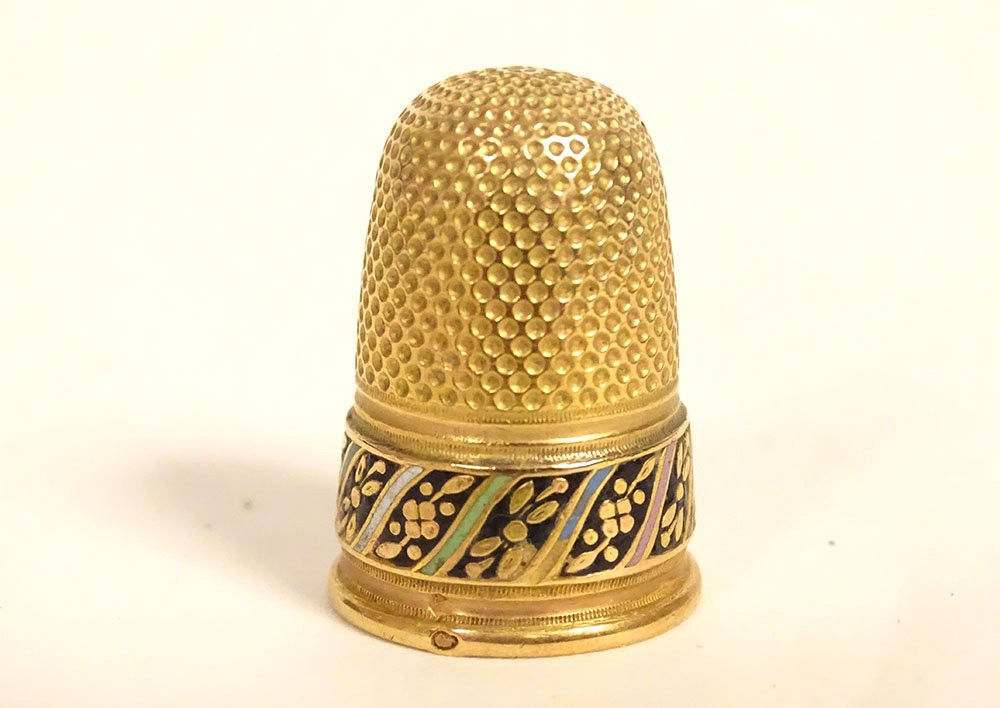 18k Solid Gold Enameled Thimble With Wooden Needle Case And Tassel 4.45g, 19th Century-photo-3