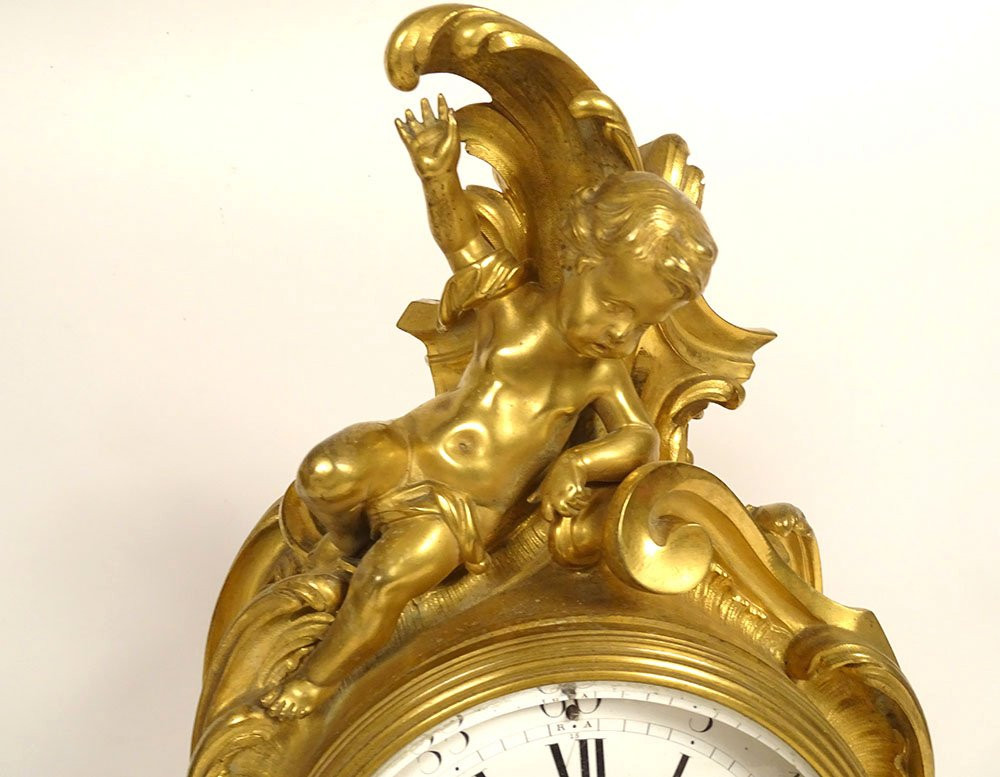 Louis XV Gilt Bronze Barbedienne Cherub Napoleon III 19th Century Cartel Clock-photo-2