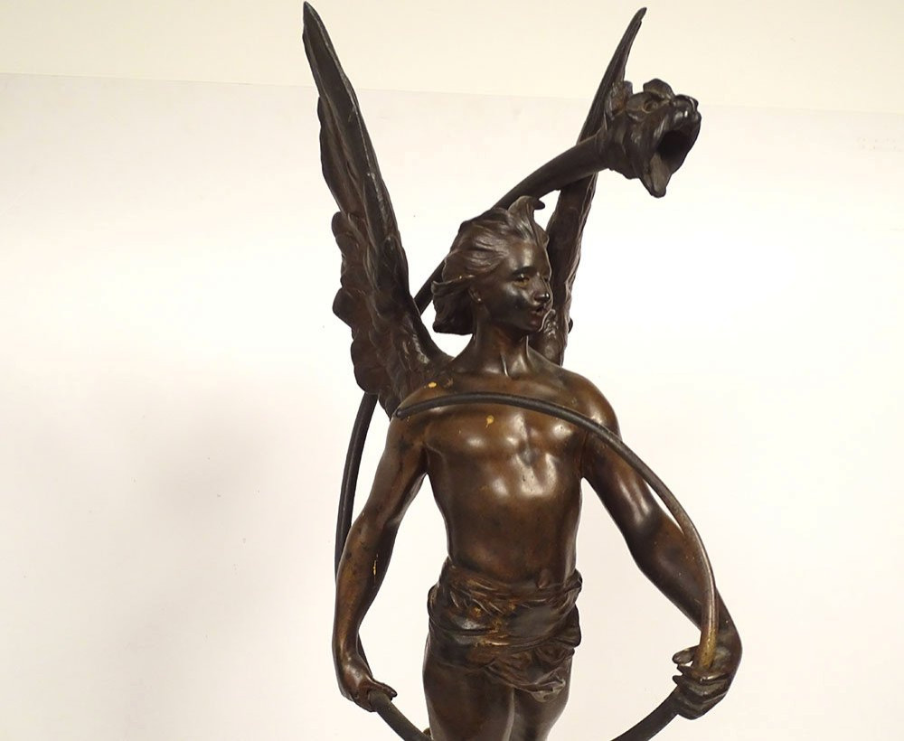 Large Bronze Clock Archangel St Michael Dragon Helmet Rooster River XIXth-photo-2