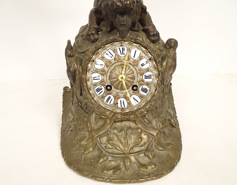 Large Bronze Clock Archangel St Michael Dragon Helmet Rooster River XIXth-photo-3
