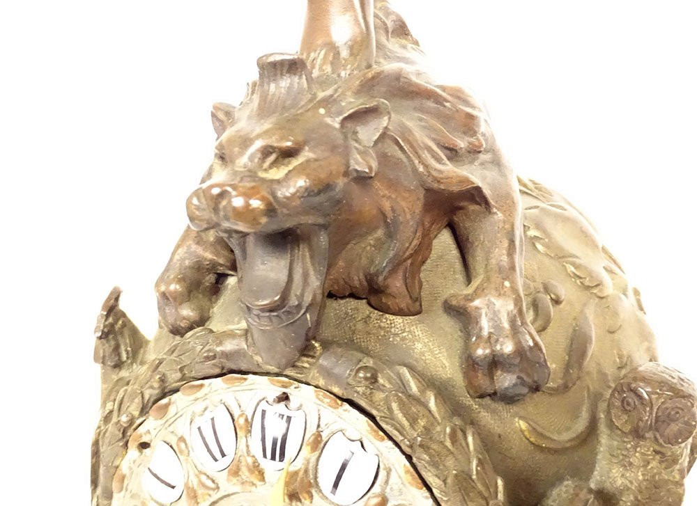 Large Bronze Clock Archangel St Michael Dragon Helmet Rooster River XIXth-photo-4