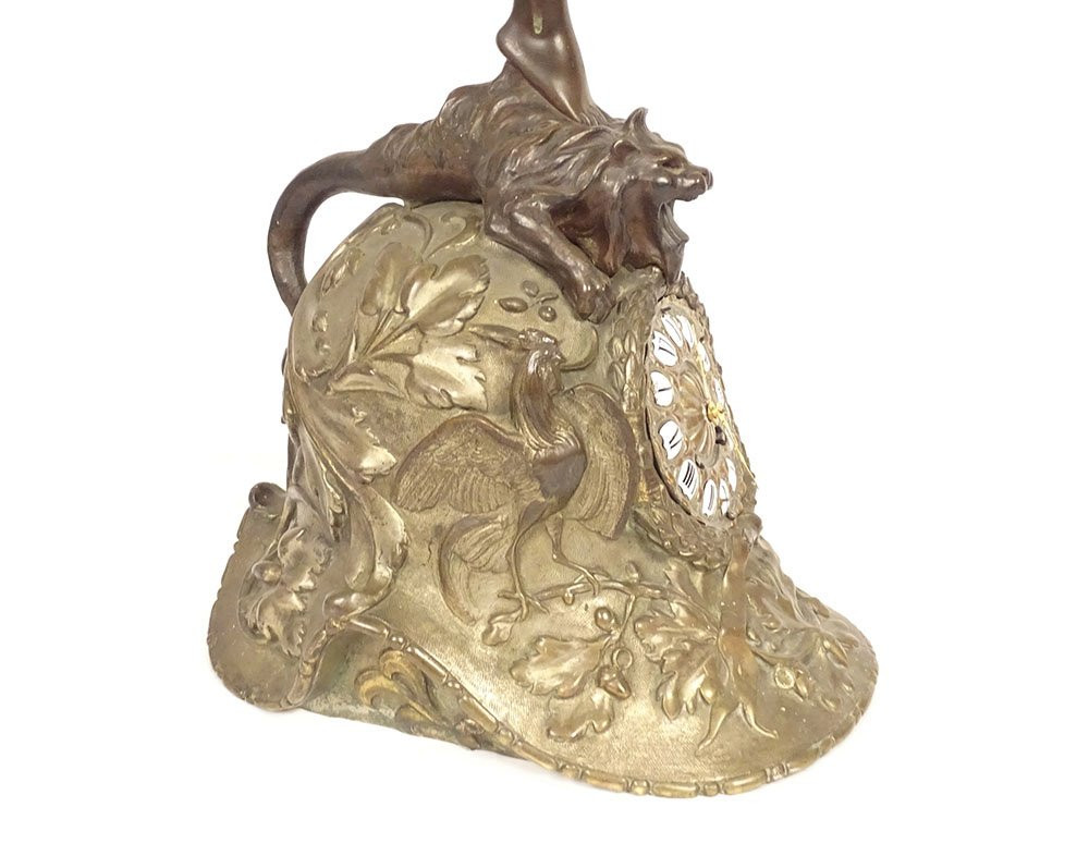 Large Bronze Clock Archangel St Michael Dragon Helmet Rooster River XIXth-photo-1