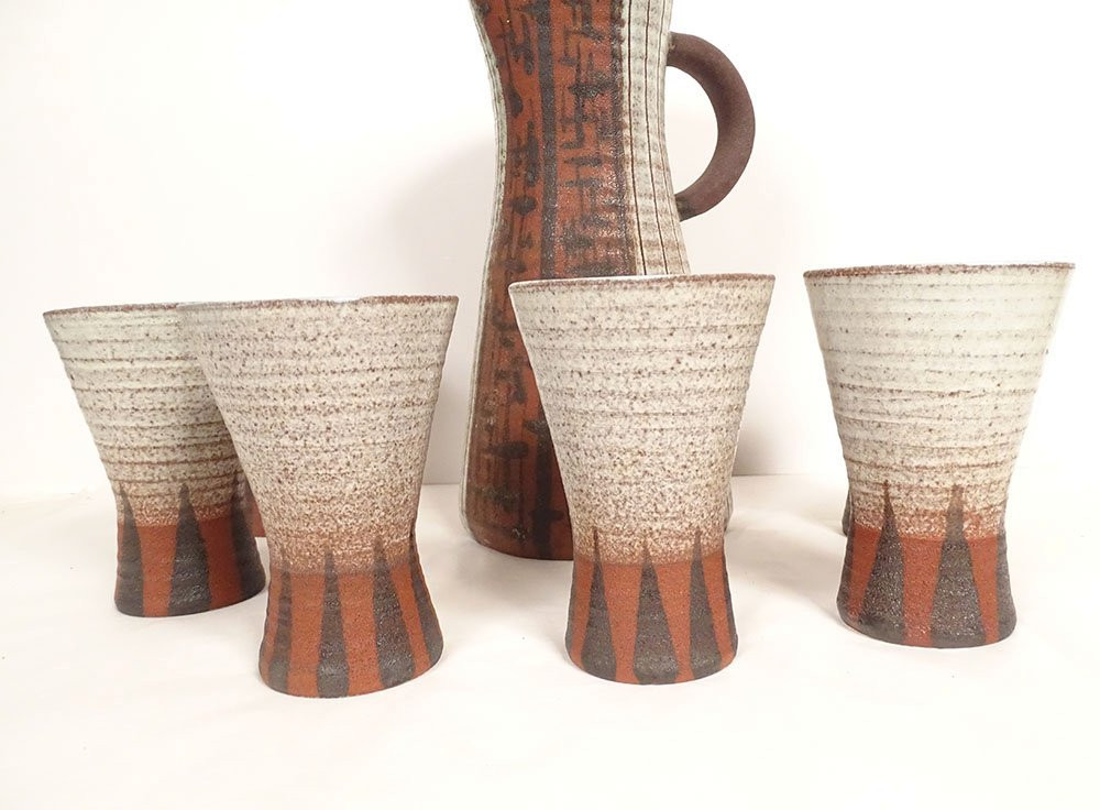 Accolay Ceramic Orangeade Set, Pitcher, Jug, 6 Glasses, Tumblers, 20th Century-photo-2