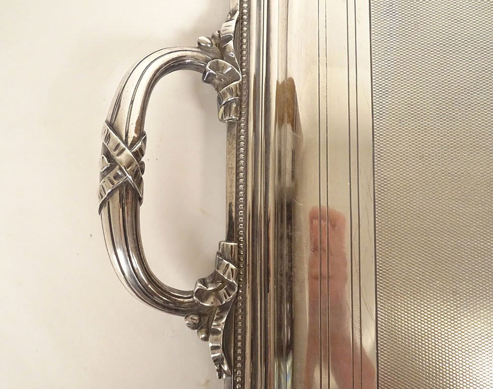 Large Louis XVI Silver-plated Bronze Serving Tray With Handles, Christofle, 19th Century-photo-3