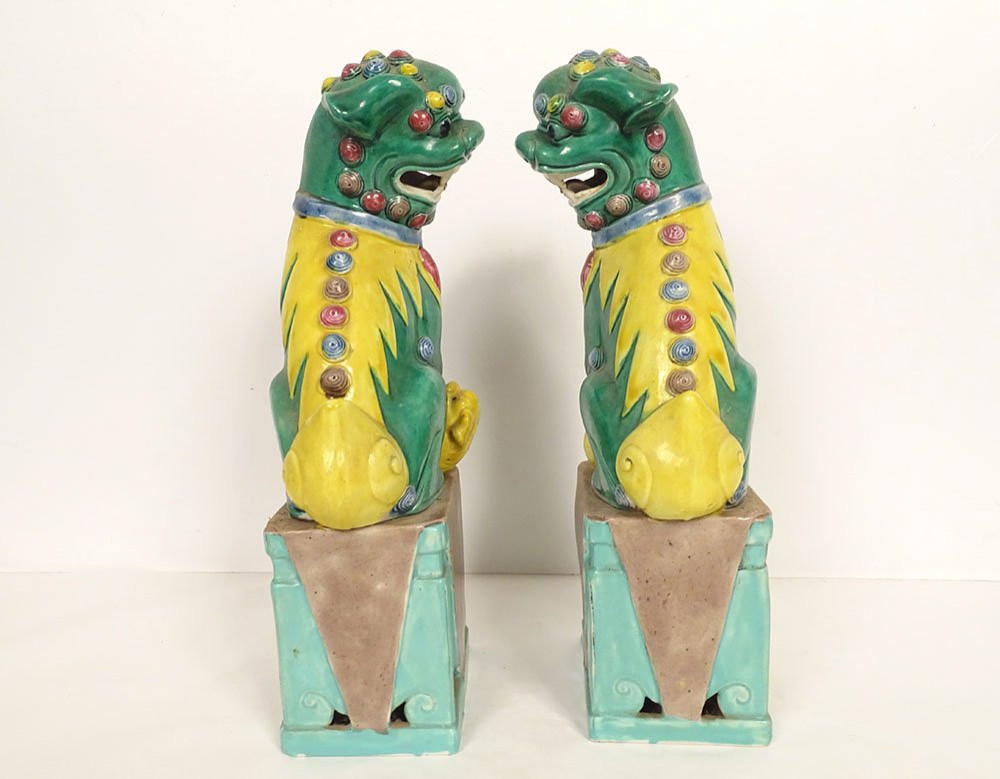 Pair Of Chinese Porcelain Dragon And Dog Sculptures From Fo, China, 19th Century-photo-2