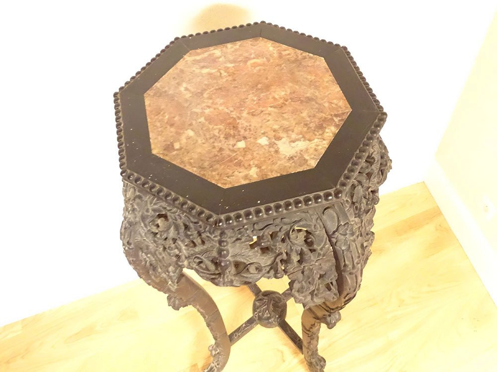 Incense Table Stand Carved Ironwood Marble Vietnam Indochina 19th Century-photo-3