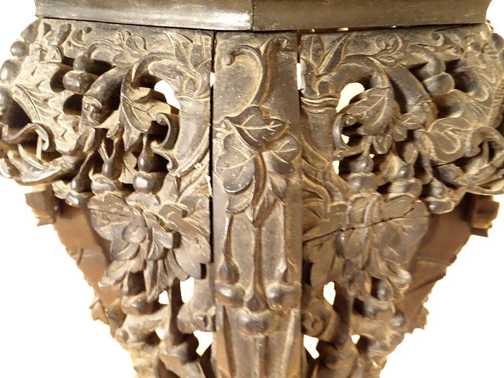 Incense Table Stand Carved Ironwood Marble Vietnam Indochina 19th Century-photo-4