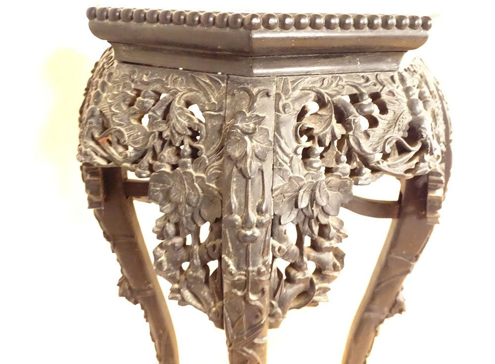 Incense Table Stand Carved Ironwood Marble Vietnam Indochina 19th Century-photo-6
