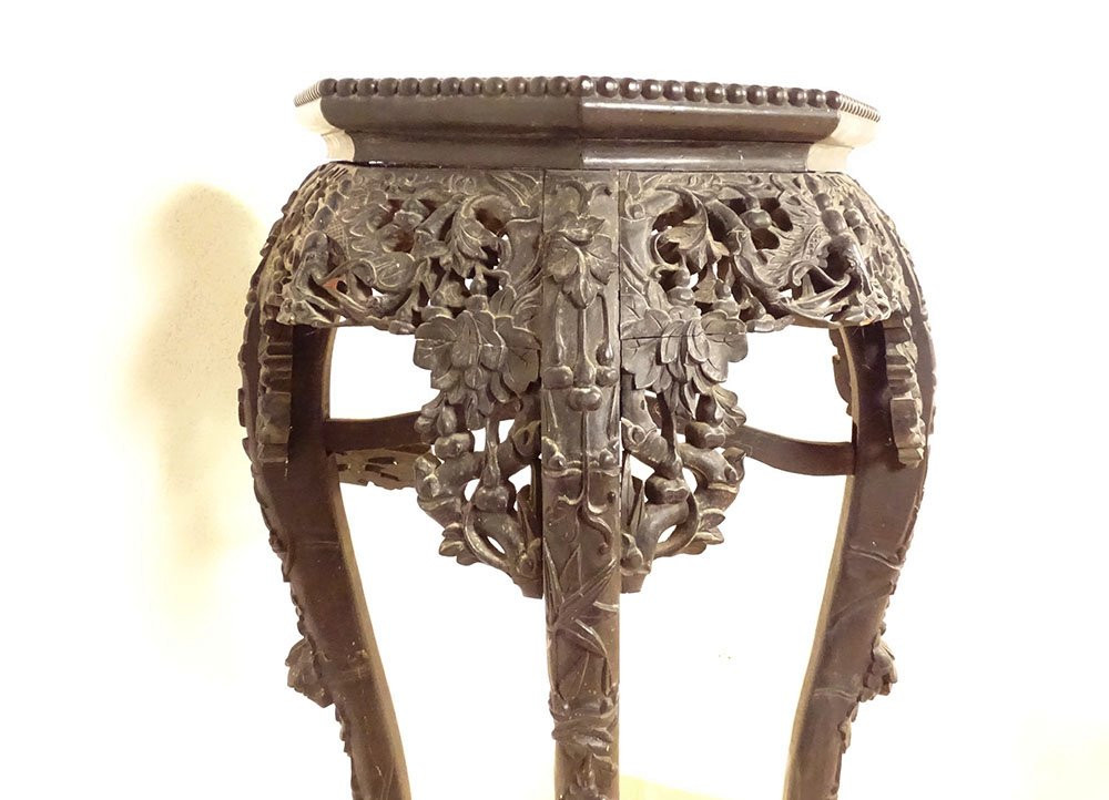 Incense Table Stand Carved Ironwood Marble Vietnam Indochina 19th Century-photo-7