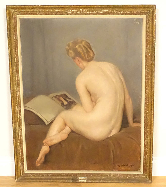 Grande HST tableau Léon Galand femme nue à lecture Exposition Salon 1943
