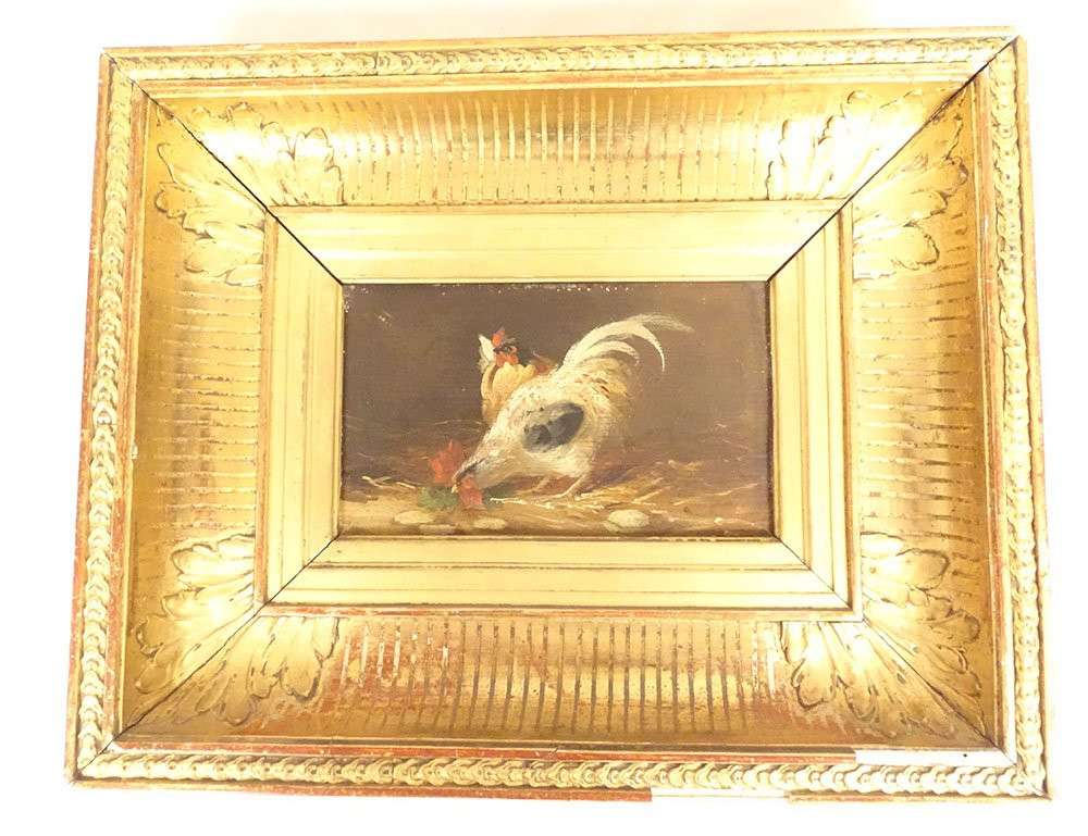 4 HSP tableaux poules combat coqs basse-cour poulailler cadre doré XIXème-photo-2