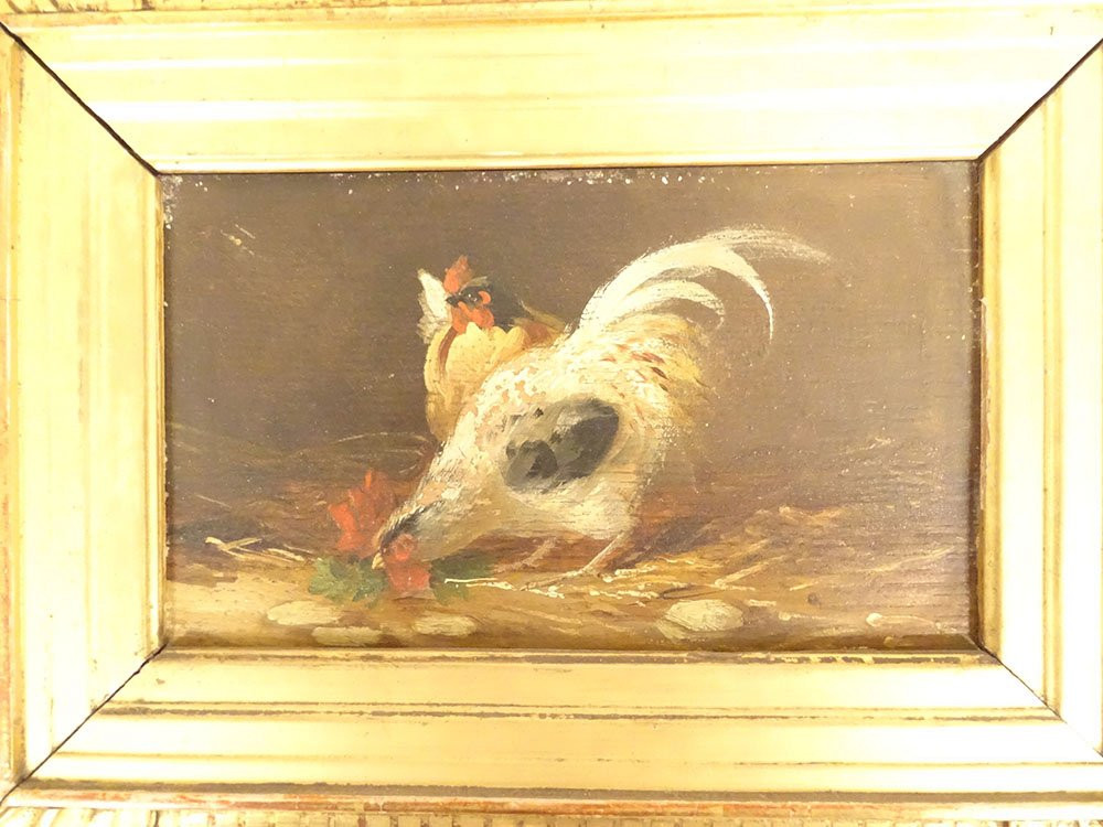 4 HSP tableaux poules combat coqs basse-cour poulailler cadre doré XIXème-photo-3