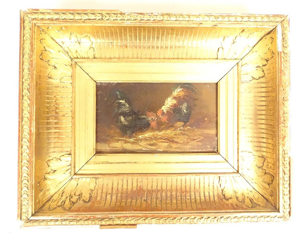 4 HSP tableaux poules combat coqs basse-cour poulailler cadre doré XIXème-photo-2