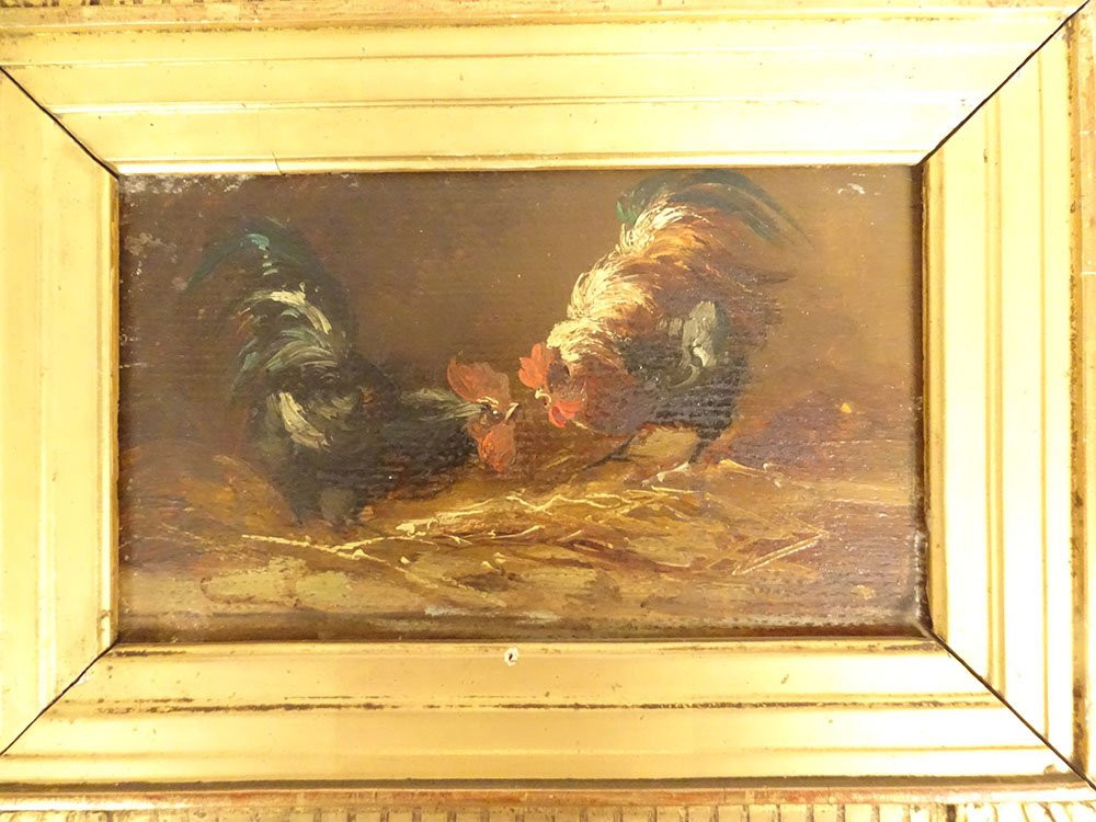 4 HSP tableaux poules combat coqs basse-cour poulailler cadre doré XIXème-photo-3