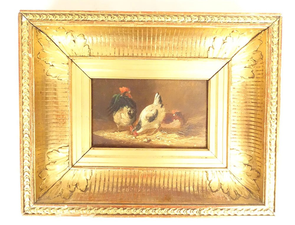 4 HSP tableaux poules combat coqs basse-cour poulailler cadre doré XIXème-photo-5