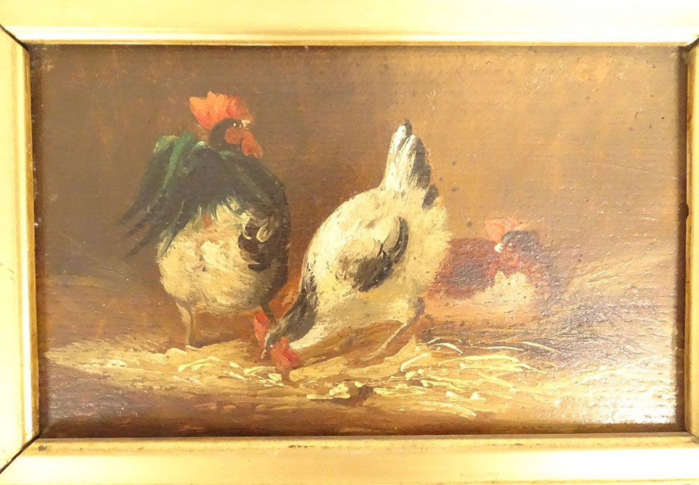 4 HSP tableaux poules combat coqs basse-cour poulailler cadre doré XIXème-photo-6