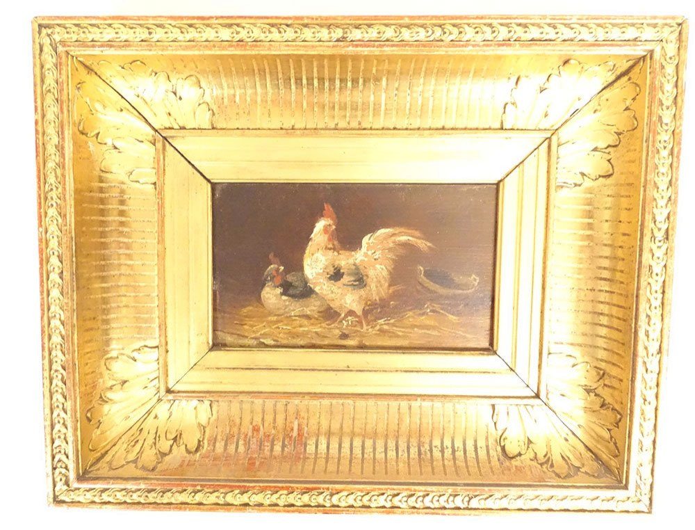 4 HSP tableaux poules combat coqs basse-cour poulailler cadre doré XIXème-photo-7