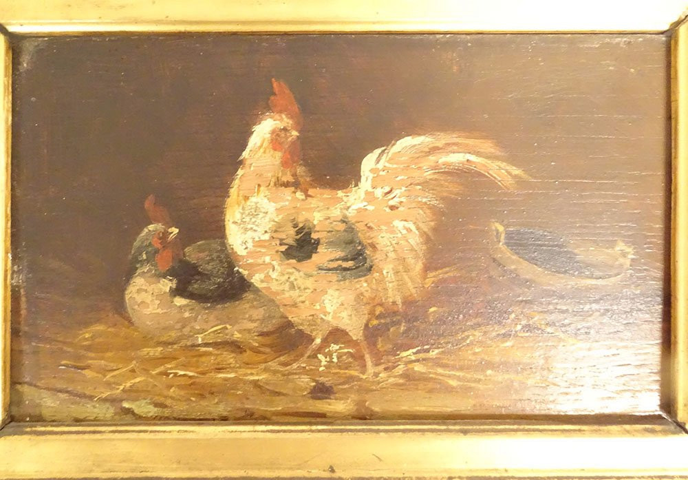 4 HSP tableaux poules combat coqs basse-cour poulailler cadre doré XIXème-photo-8